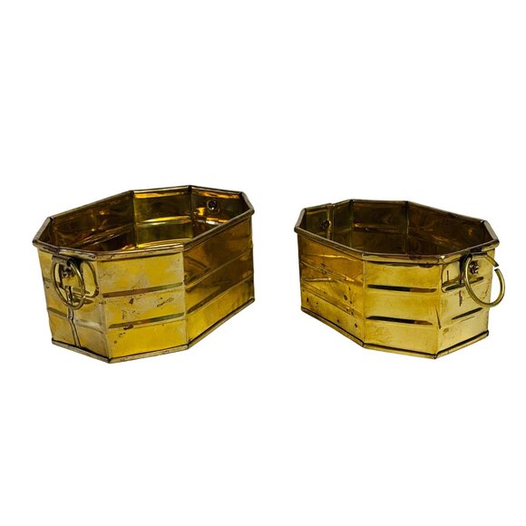 Pair Of Nesting Brass Octagonal Planters With Handles Bowl Basket VTG 60s - Picture 8 of 16